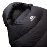 Mountain Equipment Glacier Expedition Sleeping Bag in Obsidian - side view showing full-length Gemini zip baffle and Drilite Loft 30 denier outer fabric