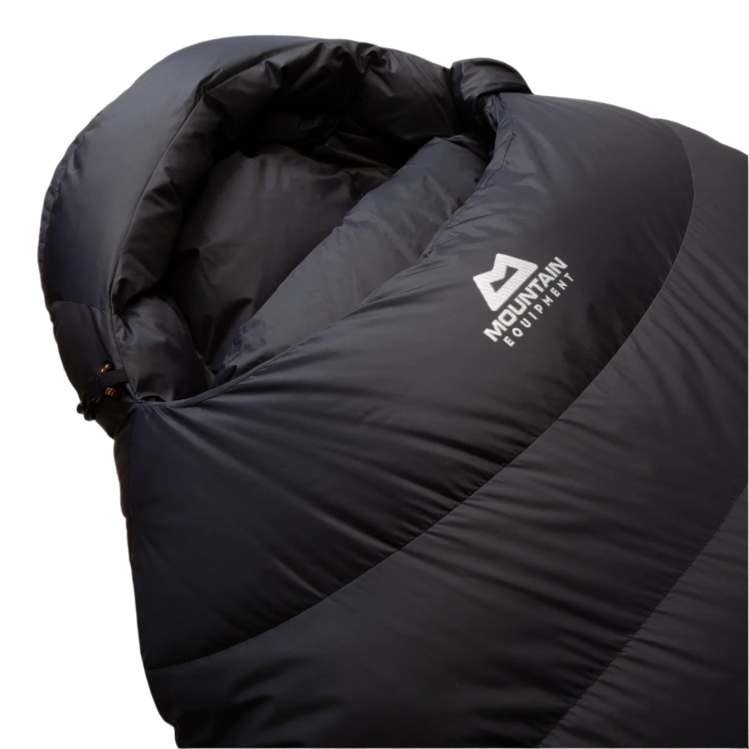 Mountain Equipment Glacier Expedition Sleeping Bag in Obsidian - side view showing full-length Gemini zip baffle and Drilite Loft 30 denier outer fabric