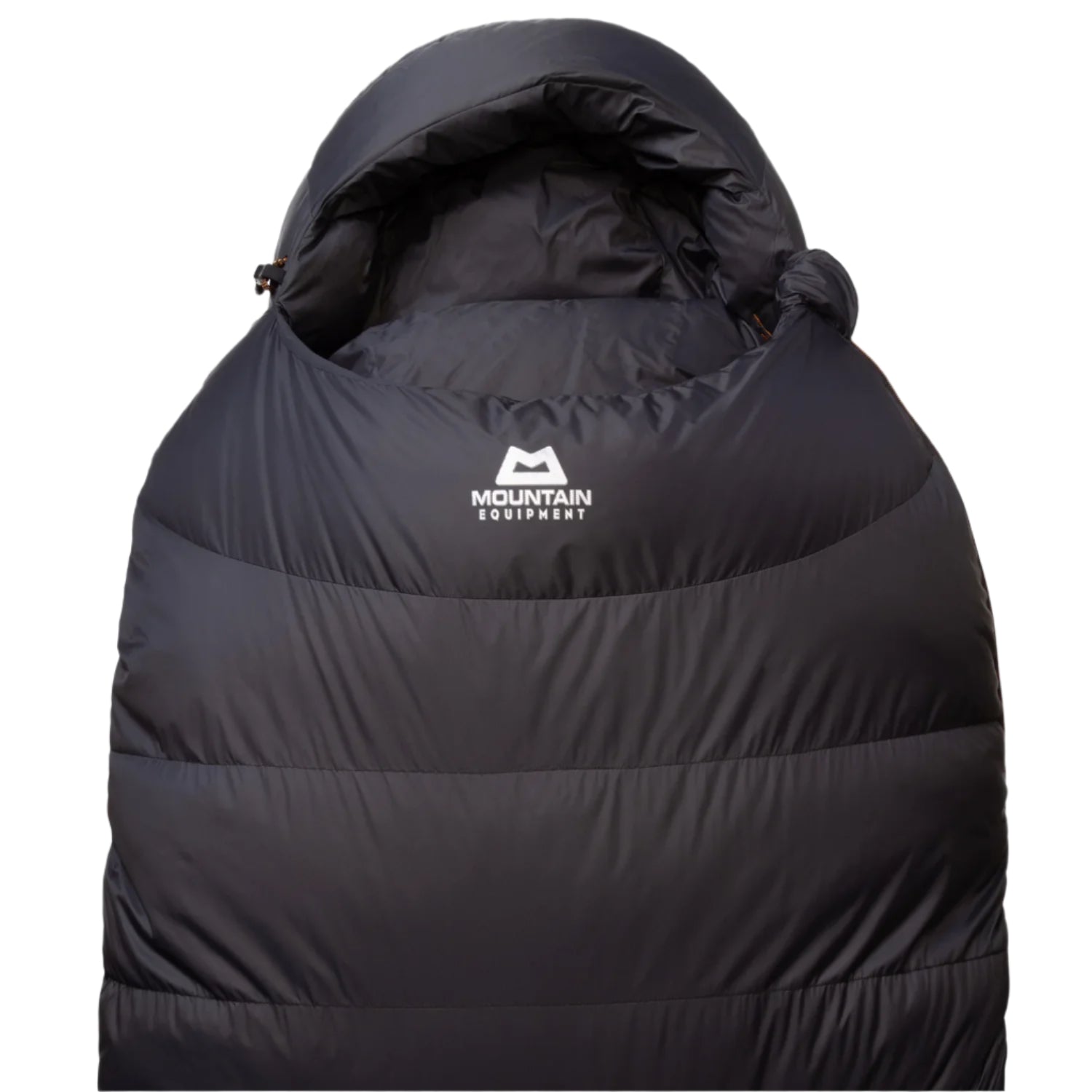 Mountain Equipment Glacier Expedition Sleeping Bag in Obsidian - top view showing 5-baffle anatomically shaped hood and Lode Lock magnetic closure