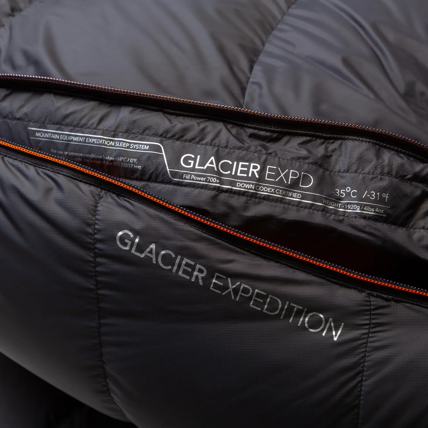 Full-length Gemini zip baffle detail on Mountain Equipment Glacier Expedition Sleeping Bag in Obsidian