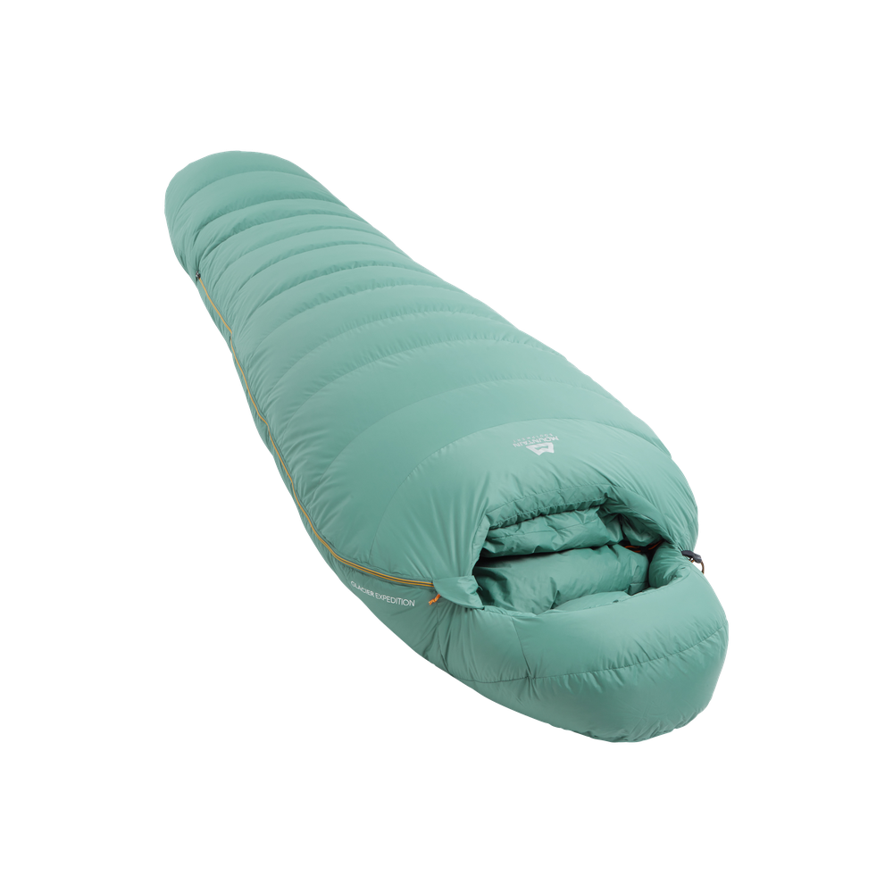 Mountain Equipment Glacier Expedition Women's Sleeping Bag in Sage - full length view showing roomy Women's Expedition fit and trapezoid baffle construction