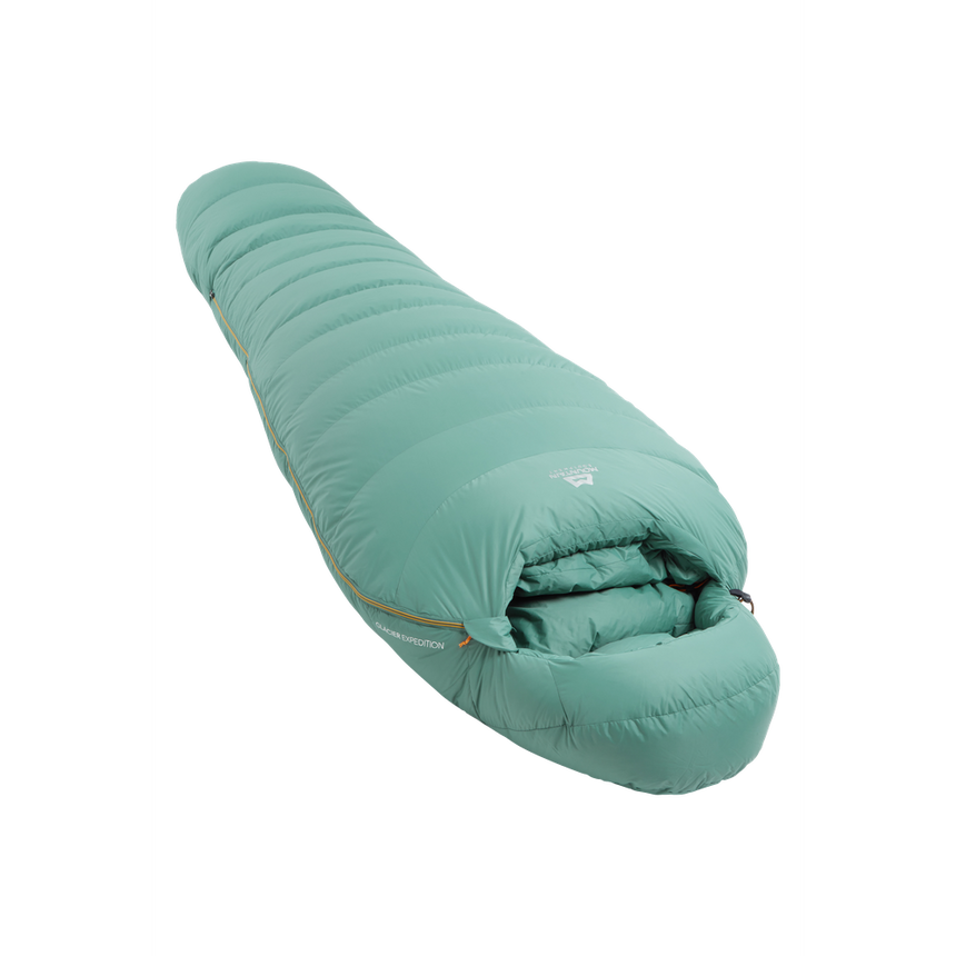Mountain Equipment Glacier Expedition Women's Sleeping Bag in Sage - full length view showing roomy Women's Expedition fit and trapezoid baffle construction