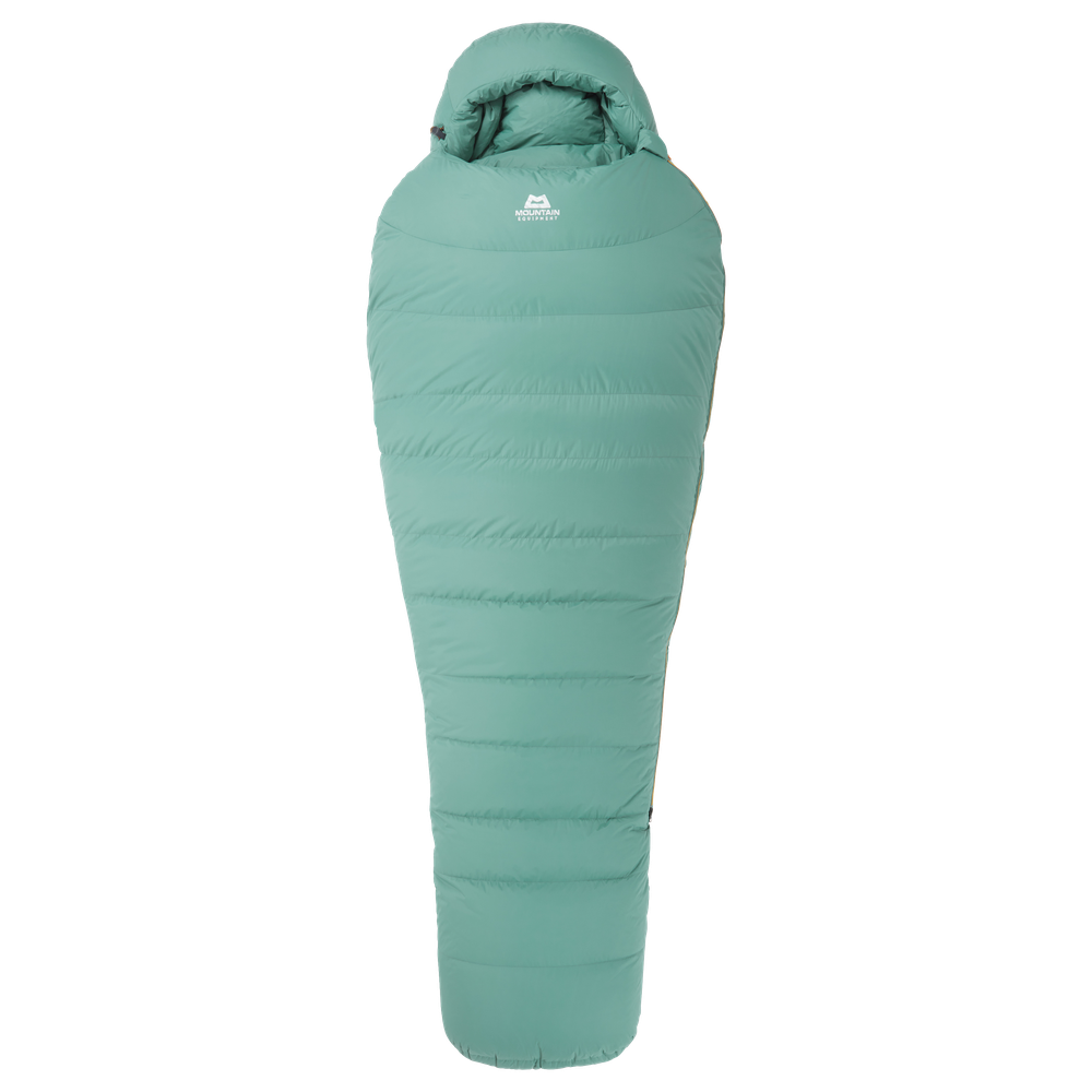 Mountain Equipment Glacier Expedition Women's Sleeping Bag in Sage - product preview showing 1,478 g of 700+ fill power duck down and Women's Expedition fit construction