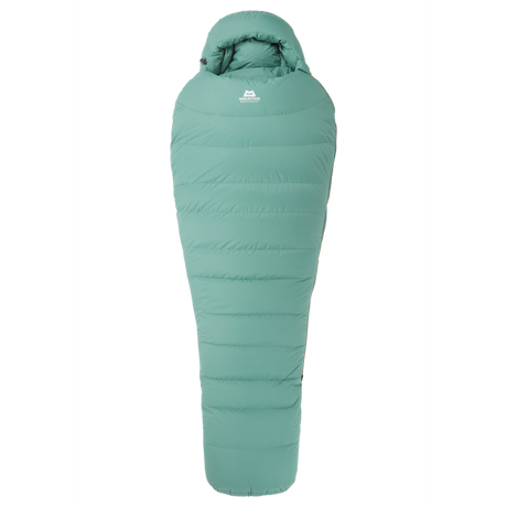 Mountain Equipment Glacier Expedition Women's Sleeping Bag in Sage - product preview showing 1,478 g of 700+ fill power duck down and Women's Expedition fit construction