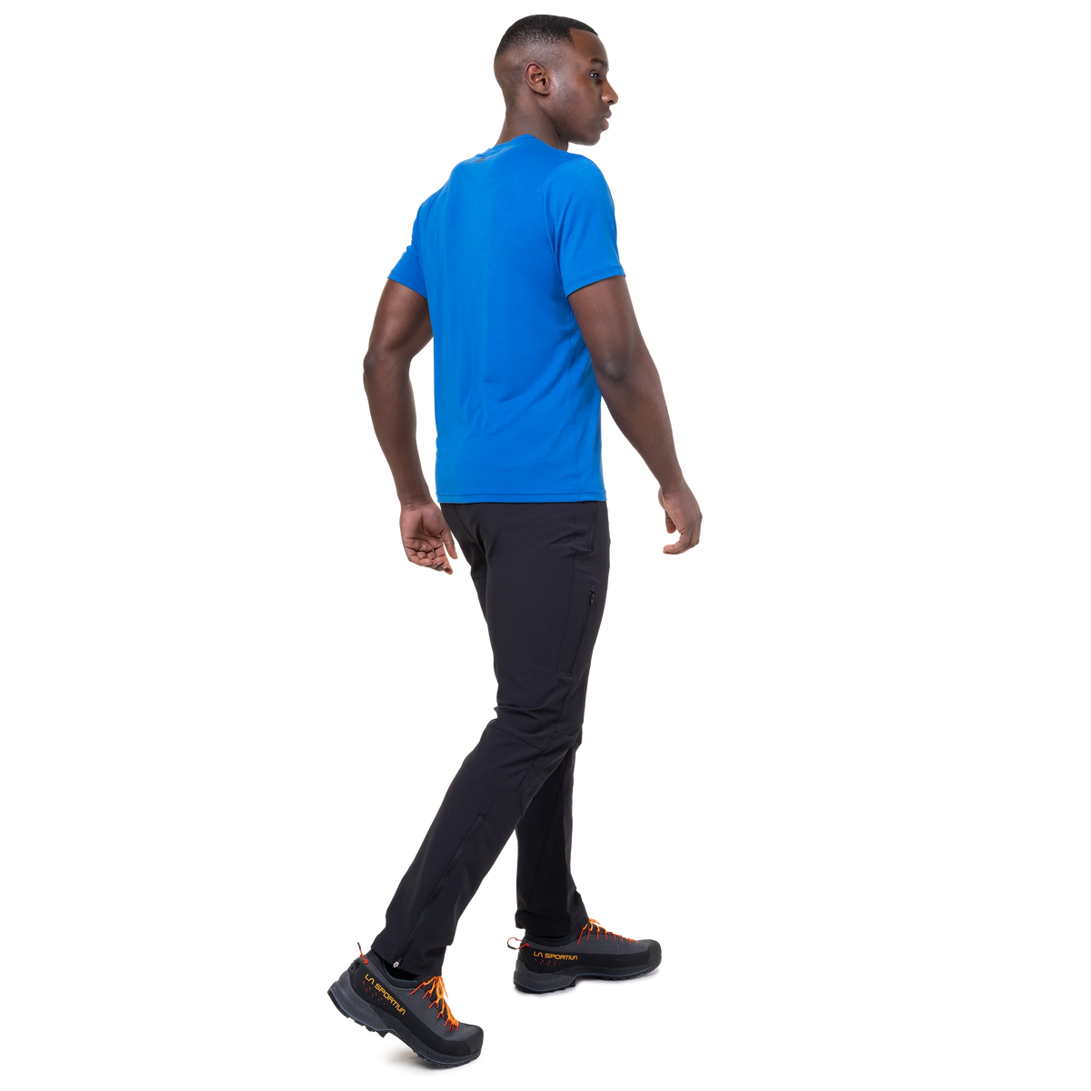 Mountain Equipment Groundup Men's Tee in Atlantic Blue - detail view showing Polygiene StayFresh anti-microbial treatment and fabric stretch