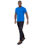 Mountain Equipment Groundup Men's Tee in Atlantic Blue - lifestyle view showing lightweight technical tee for rock climbing on hot days