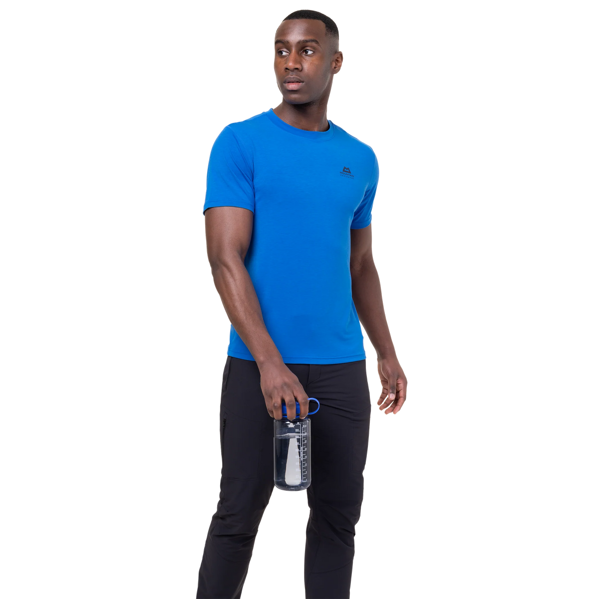 Mountain Equipment Groundup Men's Tee in Atlantic Blue - side view showing slim fit and recycled polyester TENCEL fabric