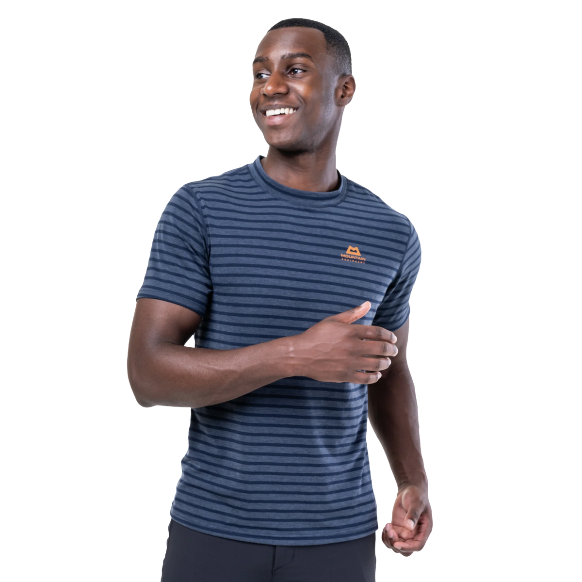 Mountain Equipment Groundup Men's Tee in Cosmos Stripe - back view showing lightweight stretchy drirelease TENCEL construction