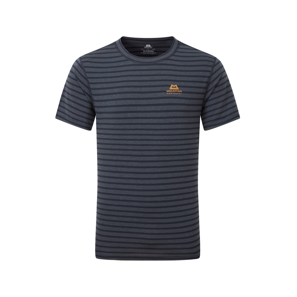 Mountain Equipment Groundup Men's Tee in Cosmos Stripe - front view showing slim fit crew neck and drirelease TENCEL fabric