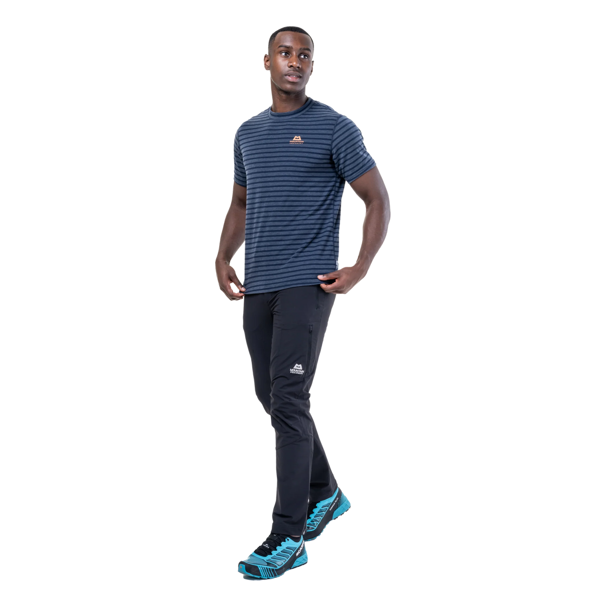 Mountain Equipment Groundup Men's Tee in Cosmos Stripe - lifestyle view showing lightweight technical tee for rock climbing on hot days
