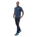 Mountain Equipment Groundup Men's Tee in Cosmos Stripe - lifestyle view showing lightweight technical tee for rock climbing on hot days