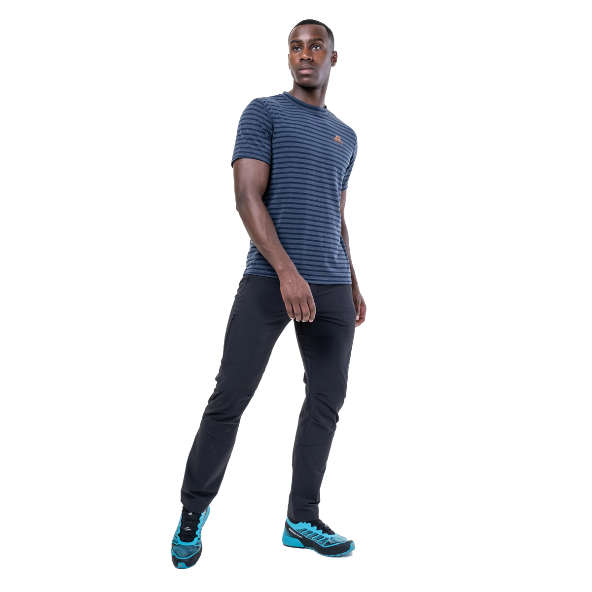 Mountain Equipment Groundup Men's Tee in Cosmos Stripe - side view showing slim fit and recycled polyester TENCEL fabric