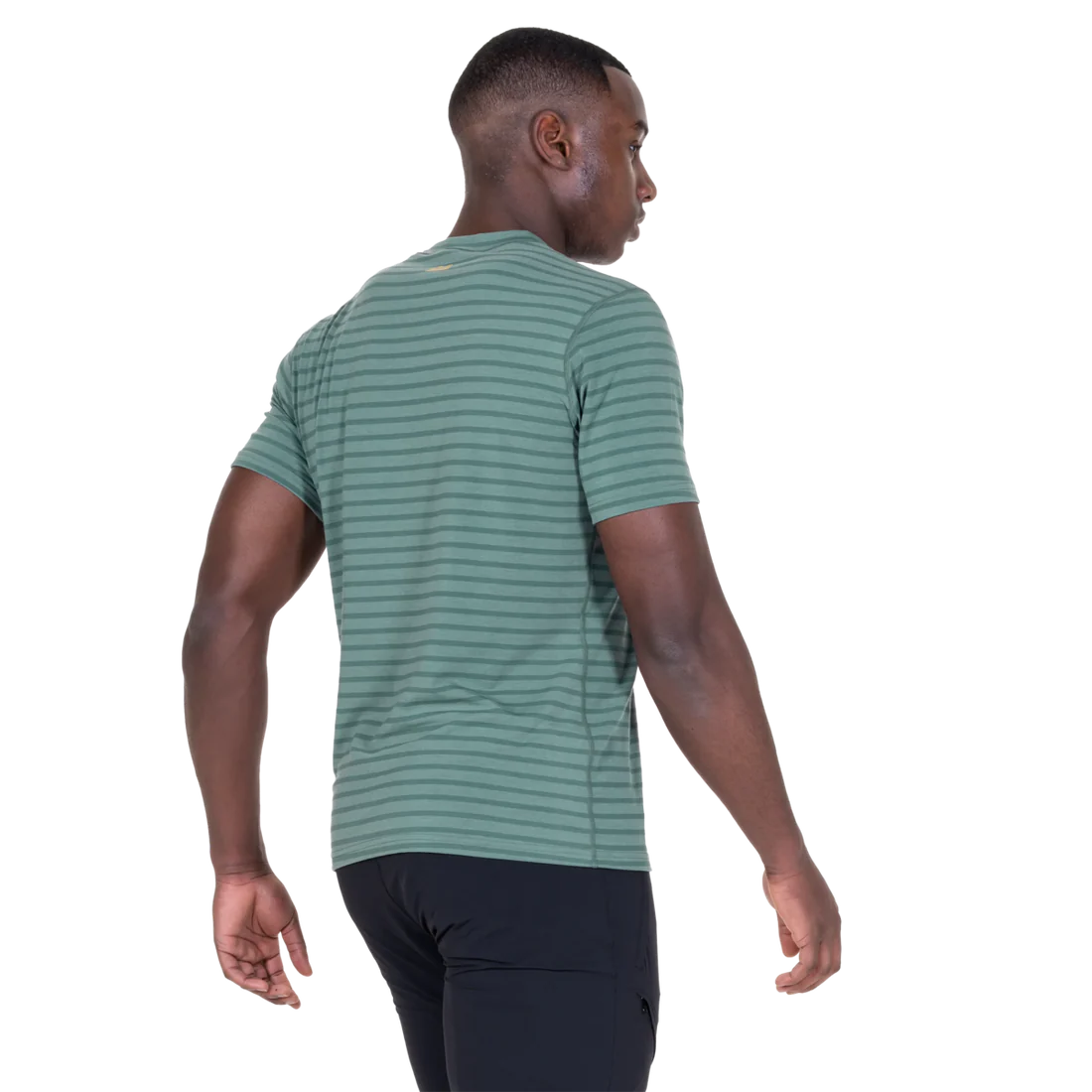 Mountain Equipment Groundup Men's Tee in Fern Stripe - detail view showing crew neck and 175 g/m2 drirelease TENCEL fabric