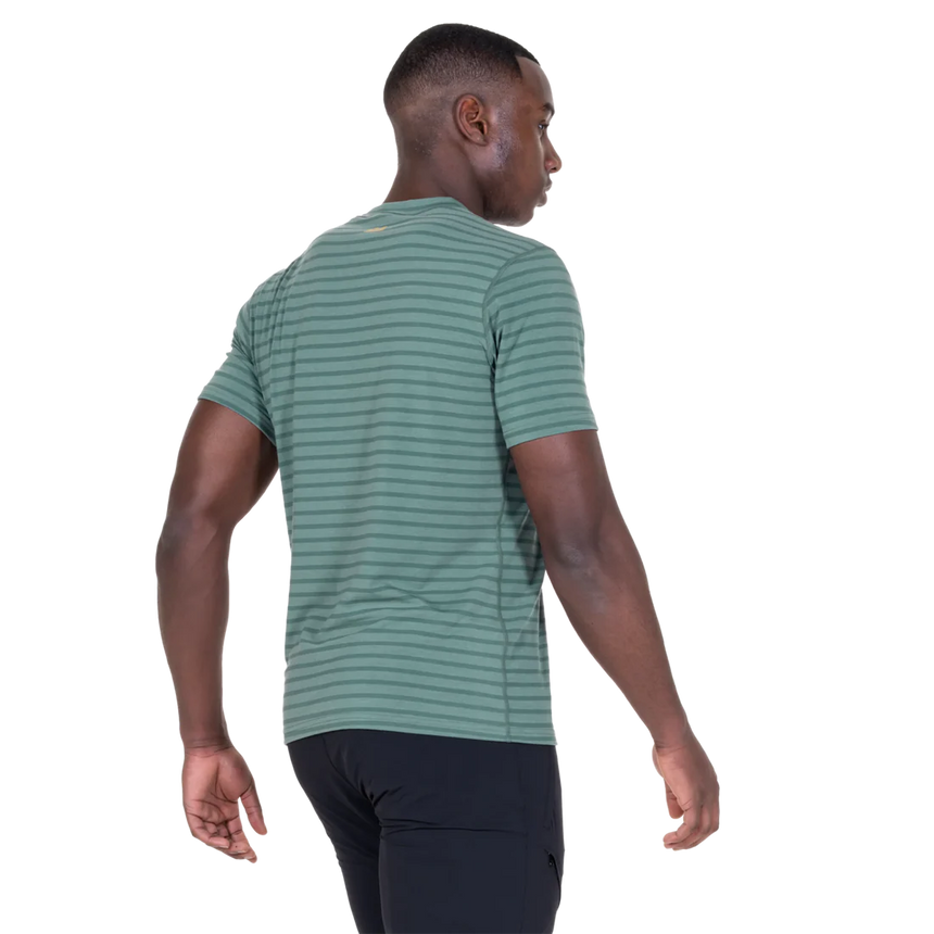 Mountain Equipment Groundup Men's Tee in Fern Stripe - detail view showing crew neck and 175 g/m2 drirelease TENCEL fabric