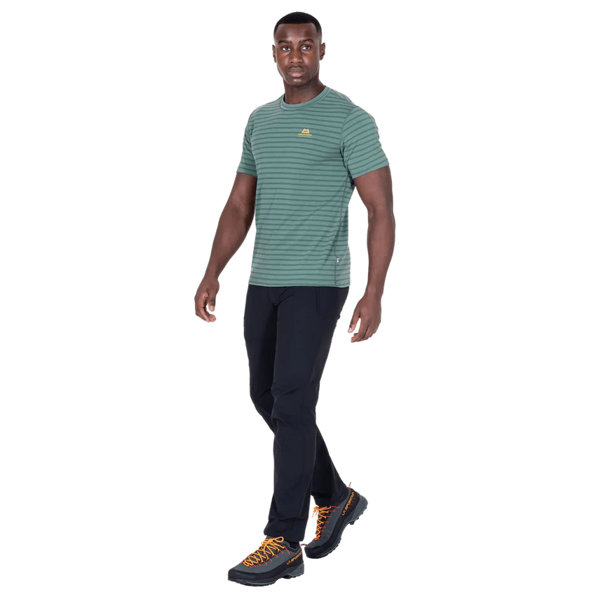 Mountain Equipment Groundup Men's Tee in Fern Stripe - detail view showing Polygiene StayFresh anti-microbial treatment and fabric stretch