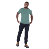 Mountain Equipment Groundup Men's Tee in Fern Stripe - lifestyle view showing lightweight technical tee for rock climbing on hot days
