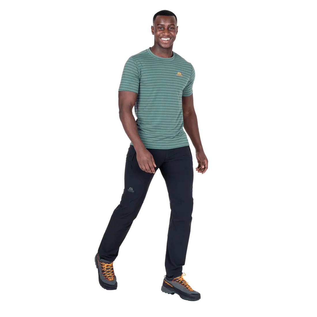 Mountain Equipment Groundup Men's Tee in Fern Stripe - side view showing slim fit and recycled polyester TENCEL fabric