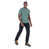 Mountain Equipment Groundup Men's Tee in Fern Stripe - side view showing slim fit and recycled polyester TENCEL fabric