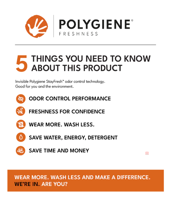 Polygiene StayFresh technology features diagram showing odour-controlling anti-microbial treatment used in Mountain Equipment Groundup Men's Tee