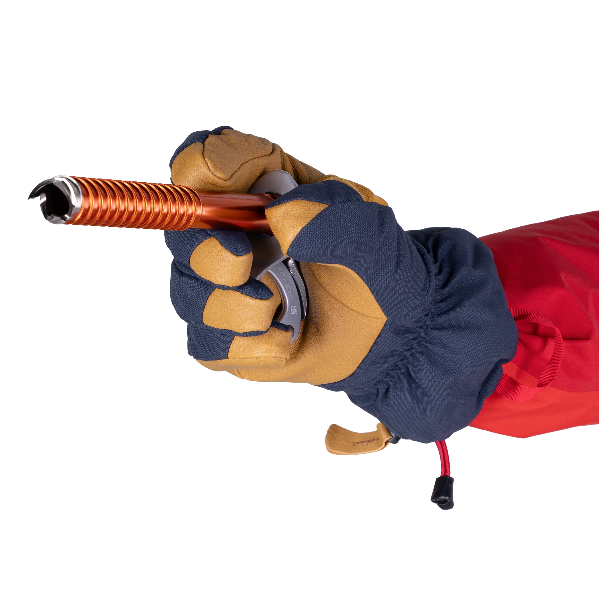 Carabiner carry loop and removable wrist tether on Mountain Equipment Guide Glove in Cosmos/Tan