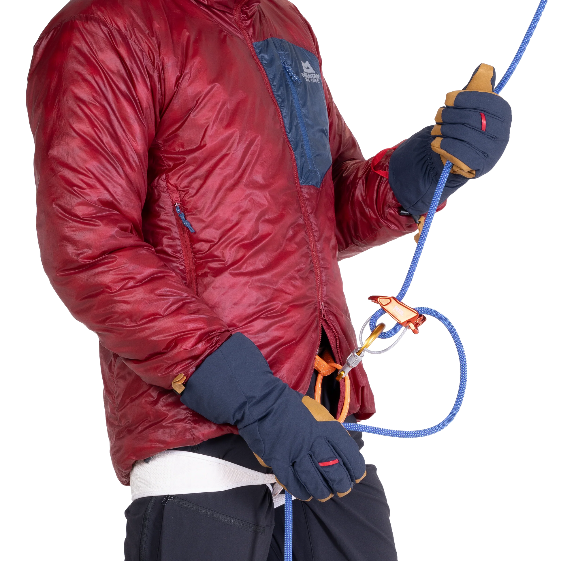 Reversed suede nose wipe detail on Mountain Equipment Guide Glove in Cosmos/Tan