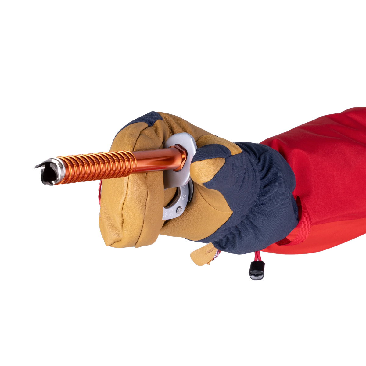 Carabiner carry loop and removable wrist tether on Mountain Equipment Guide Mitt in Cosmos/Tan