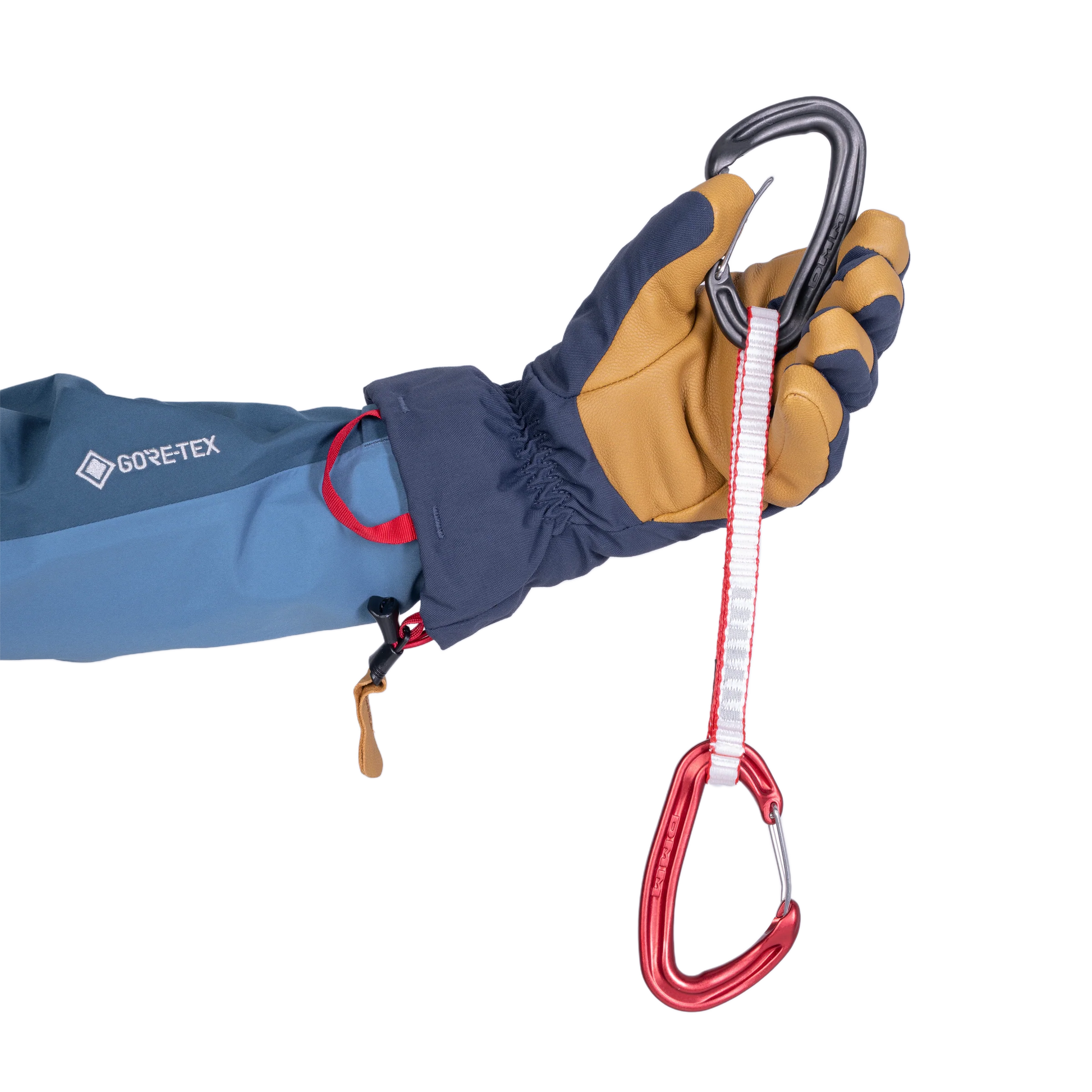 Carabiner carry loop and removable wrist tether on Mountain Equipment Guide Women's Glove in Cosmos/Tan