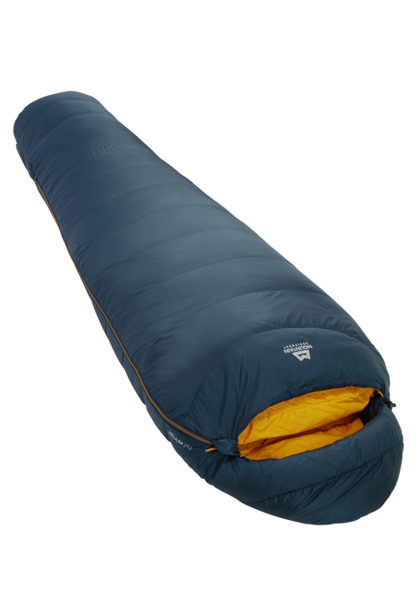 Mountain Equipment Helium 250 Sleeping Bag in Majolica Blue - front view showing recycled Helium 20D outer and Alpine 2.0 fit