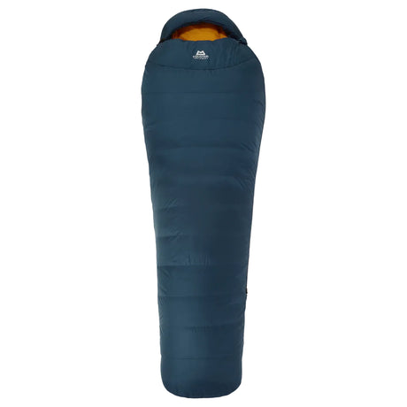 Hood detail on Mountain Equipment Helium 250 Sleeping Bag in Majolica Blue showing five-baffle anatomically shaped construction with dual tether drawcords