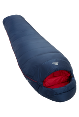 Mountain Equipment Helium 250 Women's Sleeping Bag in Medieval Blue - front view showing recycled Helium 20D outer and Alpine 2.0 fit