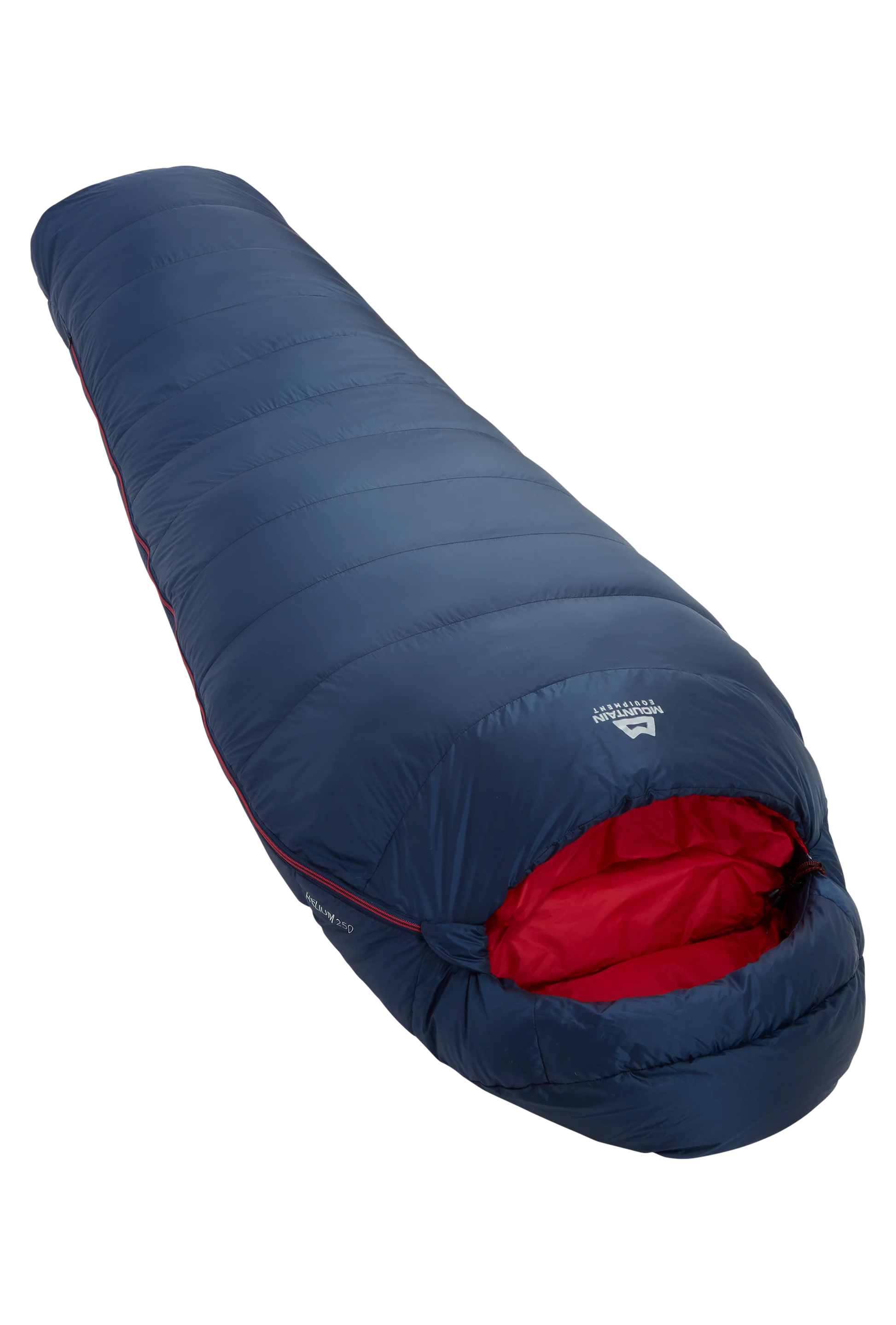 Mountain Equipment Helium 250 Women's Sleeping Bag in Medieval Blue - front view showing recycled Helium 20D outer and Alpine 2.0 fit