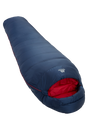 Mountain Equipment Helium 250 Women's Sleeping Bag in Medieval Blue - front view showing recycled Helium 20D outer and Alpine 2.0 fit