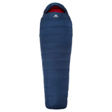 Hood detail on Mountain Equipment Helium 250 Women's Sleeping Bag in Medieval Blue showing five-baffle construction and dual tether drawcords