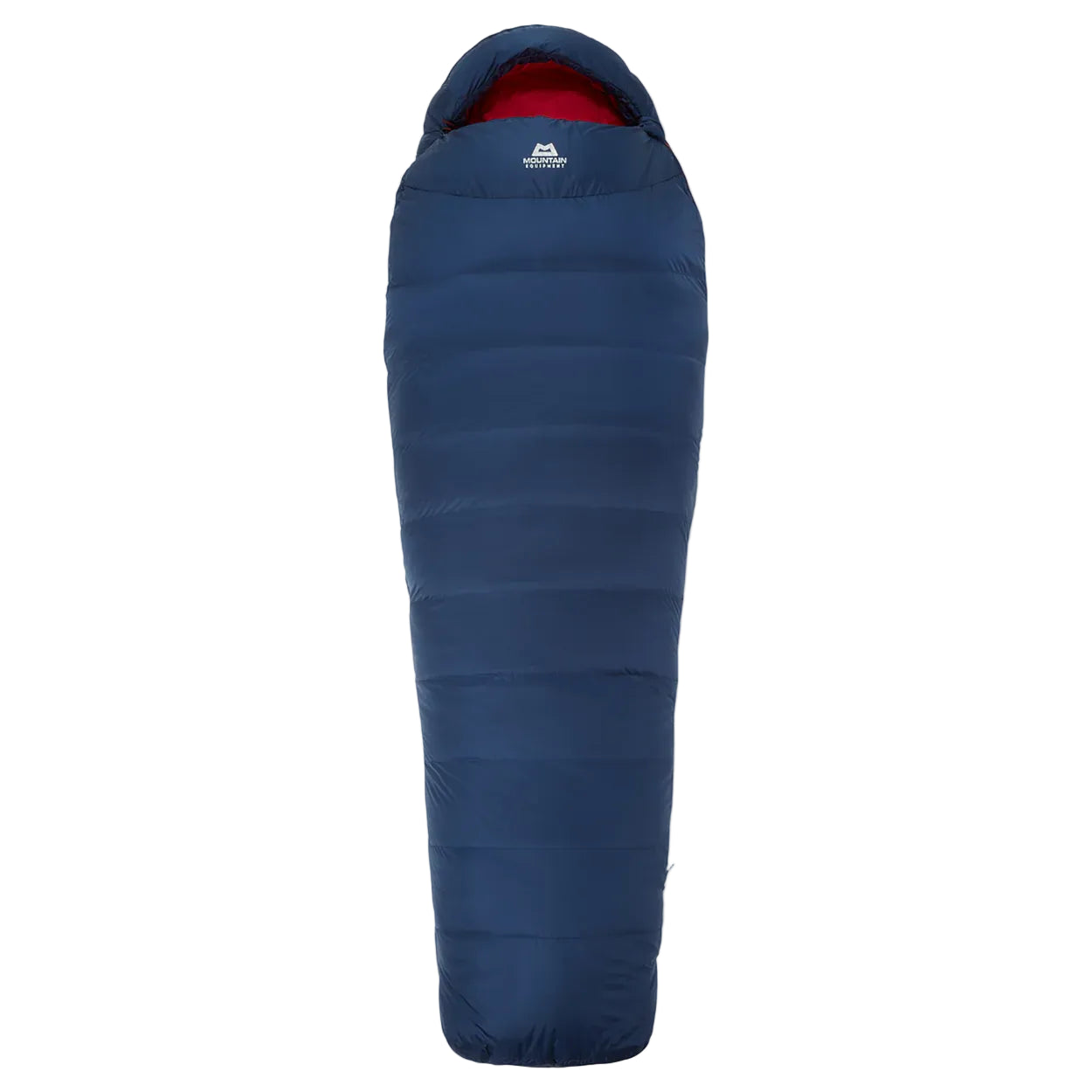 Hood detail on Mountain Equipment Helium 250 Women's Sleeping Bag in Medieval Blue showing five-baffle construction and dual tether drawcords