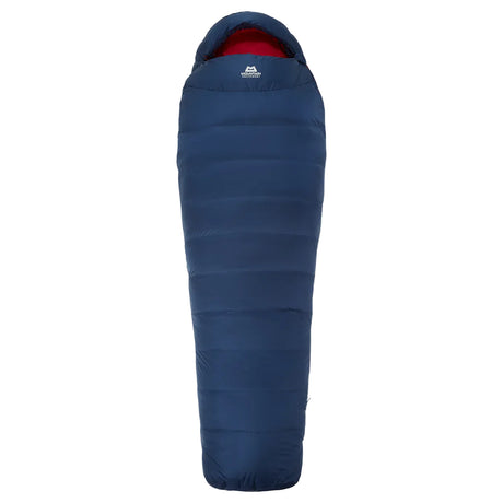Hood detail on Mountain Equipment Helium 250 Women's Sleeping Bag in Medieval Blue showing five-baffle construction and dual tether drawcords