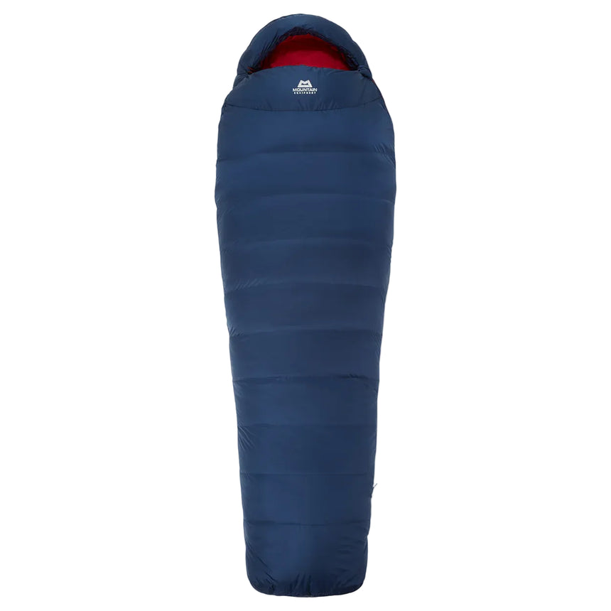 Hood detail on Mountain Equipment Helium 250 Women's Sleeping Bag in Medieval Blue showing five-baffle construction and dual tether drawcords