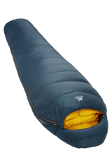 Mountain Equipment Helium 400 Sleeping Bag in Majolica Blue - front view showing recycled Helium 20D outer and Alpine 2.0 fit