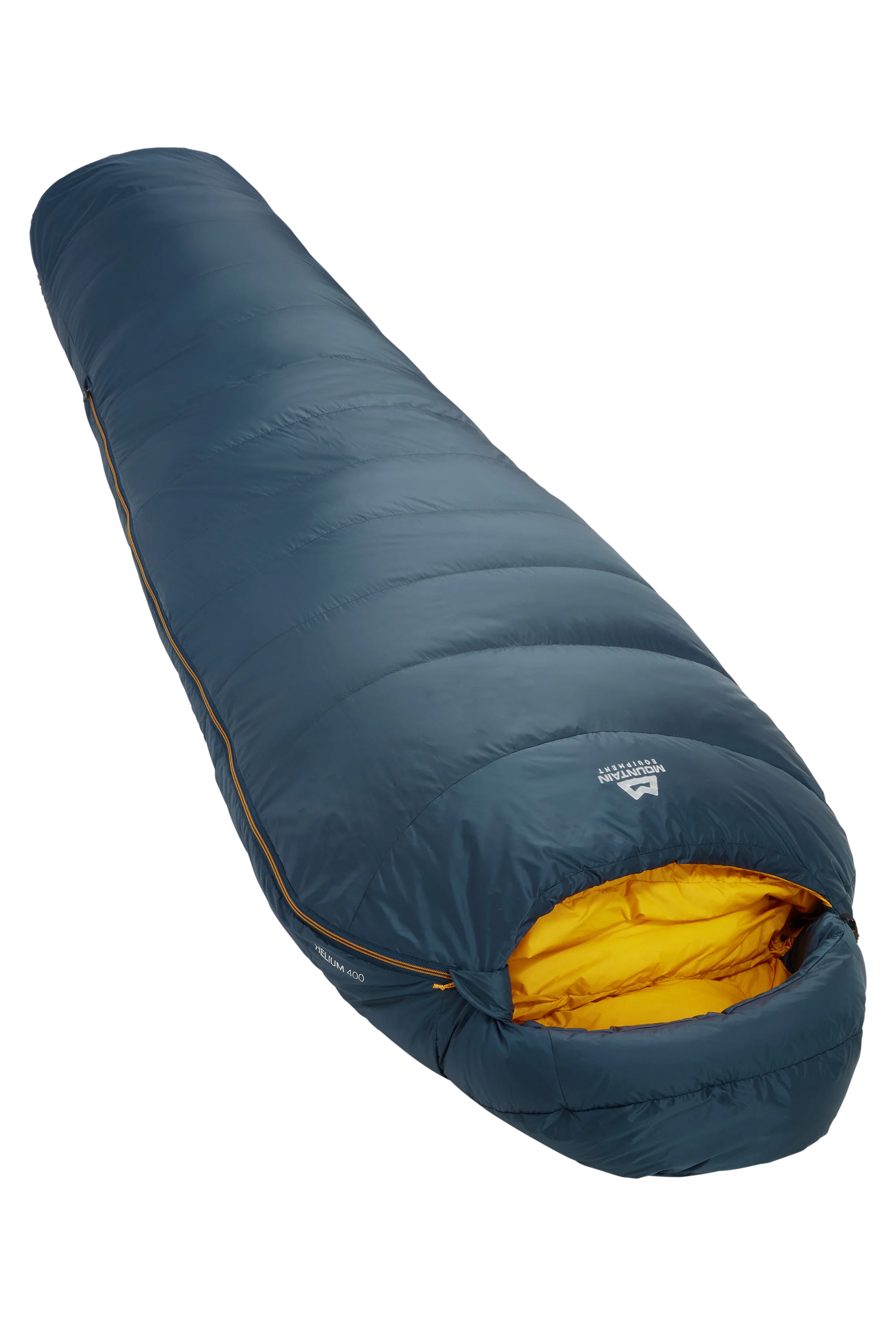 Mountain Equipment Helium 400 Sleeping Bag in Majolica Blue - front view showing recycled Helium 20D outer and Alpine 2.0 fit