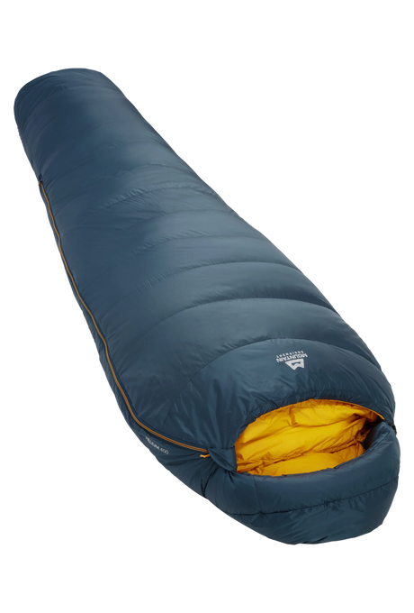 Mountain Equipment Helium 400 Sleeping Bag in Majolica Blue - front view showing recycled Helium 20D outer and Alpine 2.0 fit