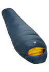 Mountain Equipment Helium 400 Sleeping Bag in Majolica Blue - front view showing recycled Helium 20D outer and Alpine 2.0 fit