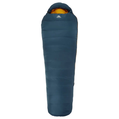 Hood detail on Mountain Equipment Helium 400 Sleeping Bag in Majolica Blue showing five-baffle anatomically shaped construction with dual tether drawcords
