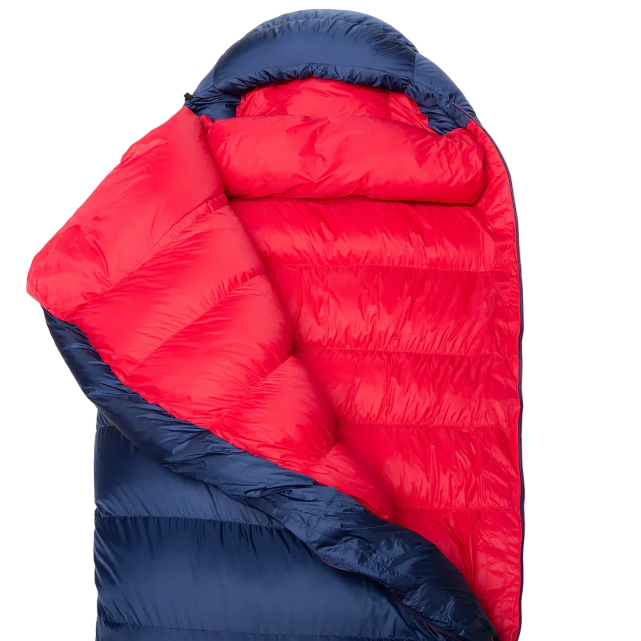Foot box detail on Mountain Equipment Helium 400 Women's Sleeping Bag in Medieval Blue showing Trapezium 4 System four-baffle construction