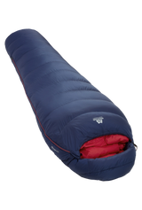 Mountain Equipment Helium 400 Women's Sleeping Bag in Medieval Blue - front view showing recycled Helium 20D outer and Alpine 2.0 fit