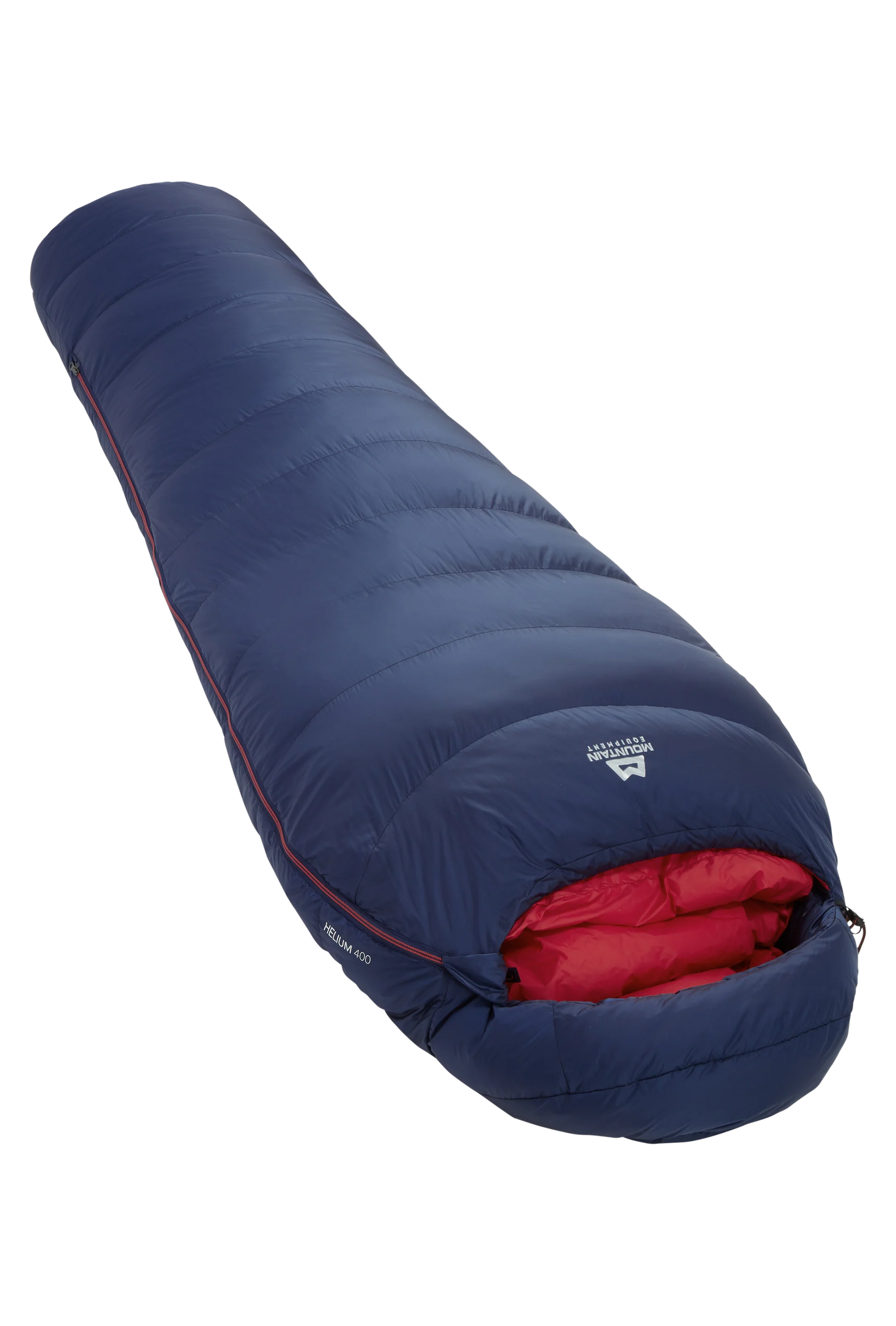 Mountain Equipment Helium 400 Women's Sleeping Bag in Medieval Blue - front view showing recycled Helium 20D outer and Alpine 2.0 fit