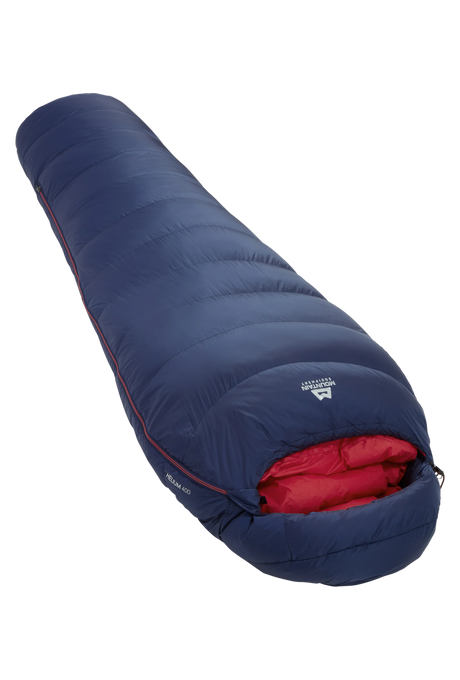 Mountain Equipment Helium 400 Women's Sleeping Bag in Medieval Blue - front view showing recycled Helium 20D outer and Alpine 2.0 fit