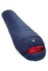 Mountain Equipment Helium 400 Women's Sleeping Bag in Medieval Blue - front view showing recycled Helium 20D outer and Alpine 2.0 fit