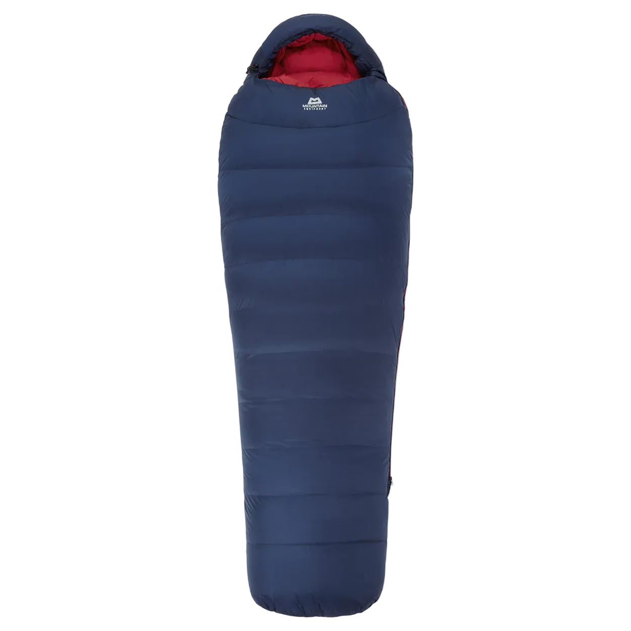 Hood detail on Mountain Equipment Helium 400 Women's Sleeping Bag in Medieval Blue showing five-baffle anatomically shaped construction with dual tether drawcords