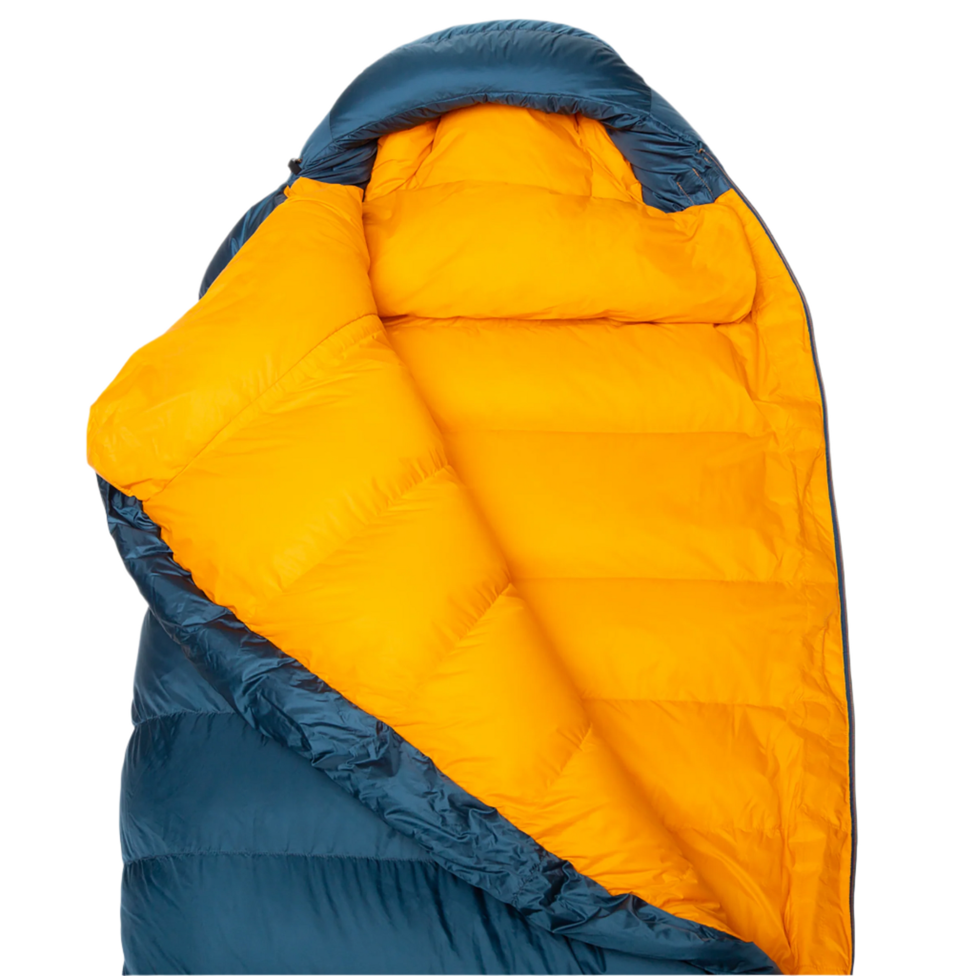 Foot box detail on Mountain Equipment Helium 800 Sleeping Bag in Majolica Blue showing Trapezium 4 System four-baffle construction
