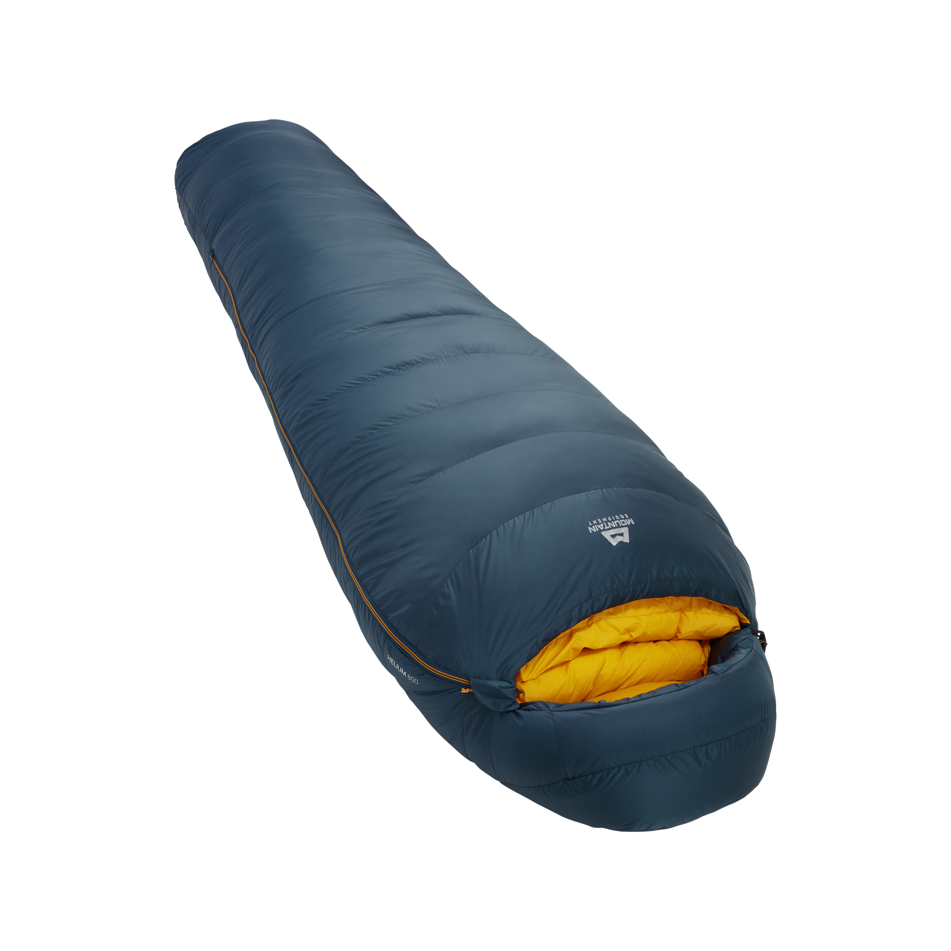 Mountain Equipment Helium 800 Sleeping Bag in Majolica Blue - front view showing recycled Helium 20D outer and Alpine 2.0 fit