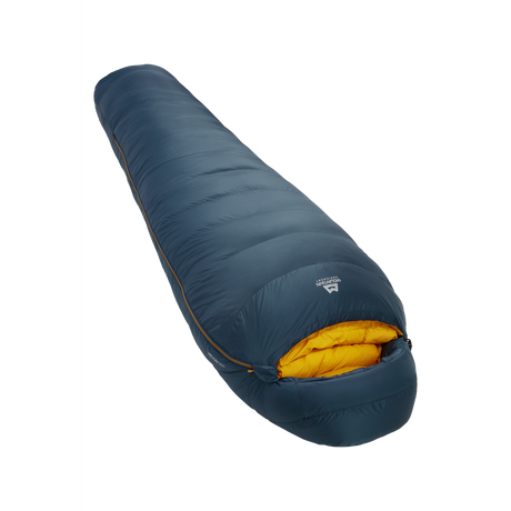 Mountain Equipment Helium 800 Sleeping Bag in Majolica Blue - front view showing recycled Helium 20D outer and Alpine 2.0 fit